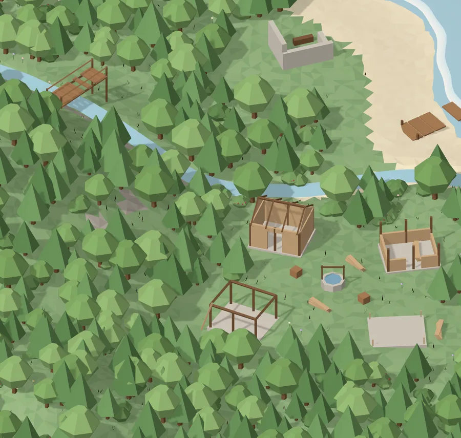 A thick forest of round and pointed trees around a clearing with unfinished houses.