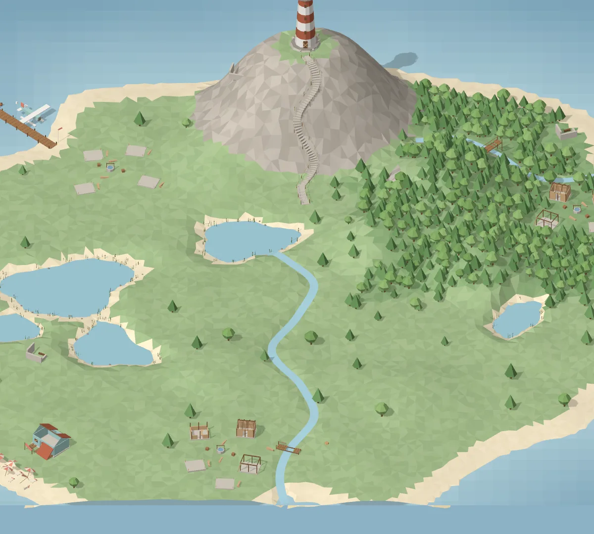 The whole of Quokka Island seen from above: meadows, lakes, a forest, a village and a striped lighthouse on a hill.